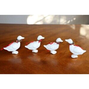 Lot 4x Ceramic Midwest Goose Ornaments White Geese Ducks Plaid Ribbon Taiwan Vtg